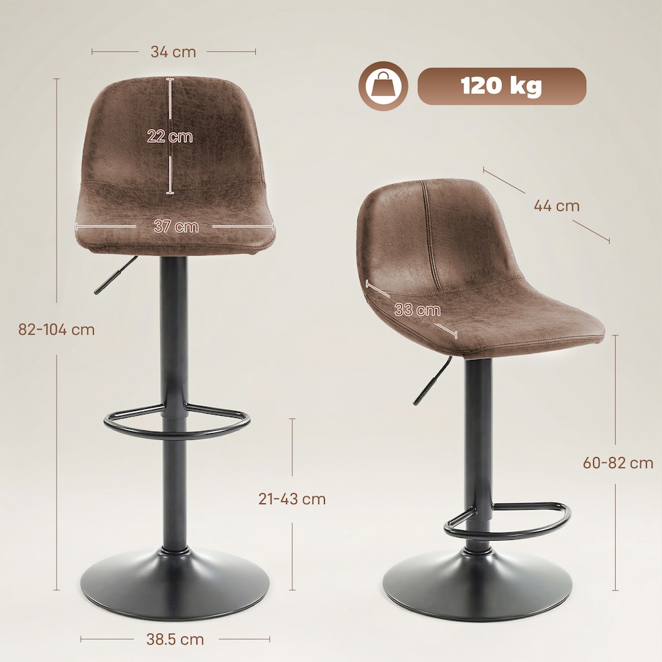 image 1 of HOMCOM Bar Stools Set of 2, Modern Swivel Barstools for Dining Room | Black | Brown | 37 x 44 x 82-104 cm