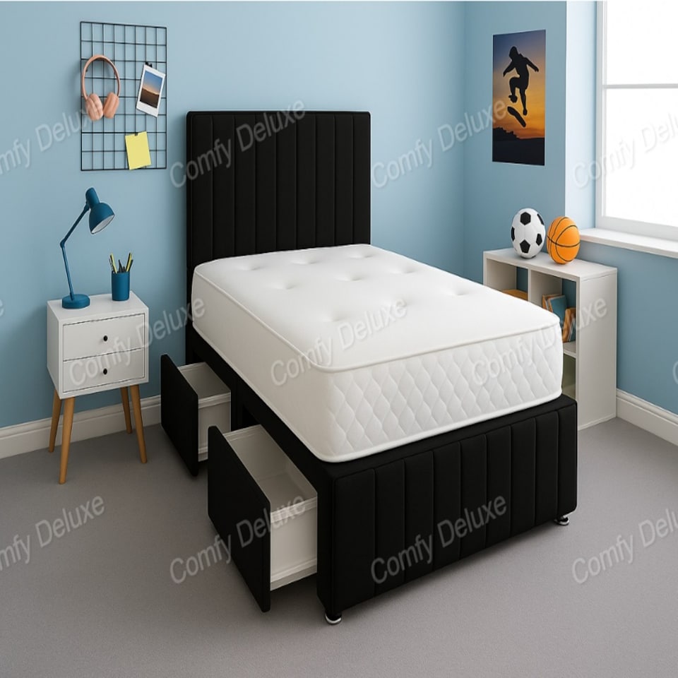Black Plush 5ft Kingsize Divan Bed Set Headboard & Footboard - 4 Drawers