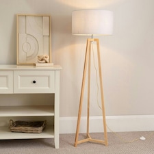 ValueLights Lottie Natural Wood Tripod Floor Lamp with White Fabric Drum Shade and LED Bulb