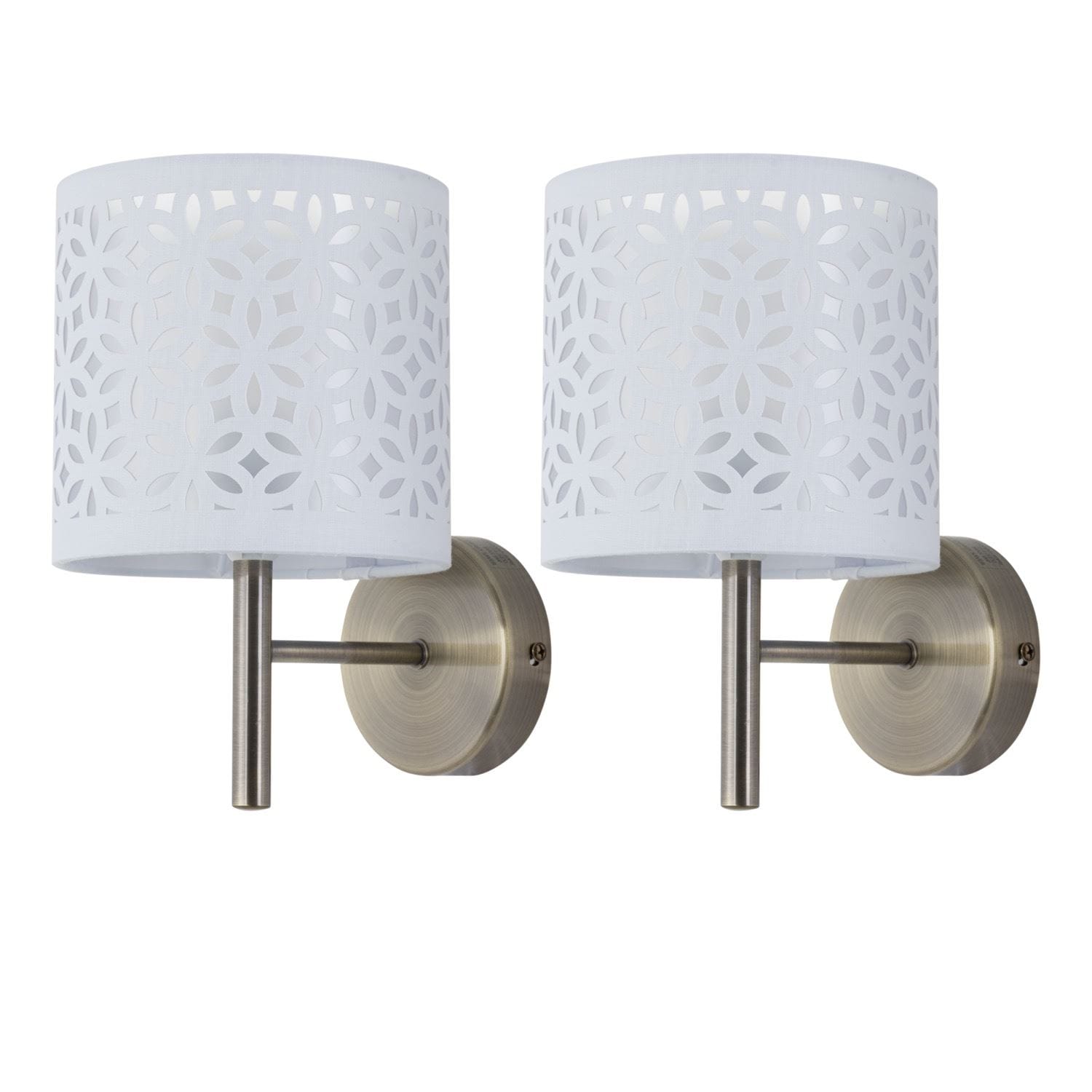First Choice Lighting Set of 2 Brea - Antique Brass Wall Lights with White Cut Out Shade in Gold