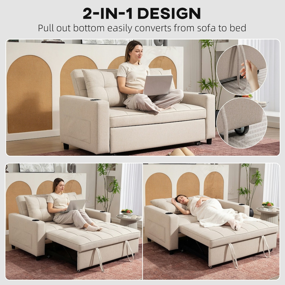 image 1 of HOMCOM 2 Seater Pull Out Sofa Bed with Pockets for Living Room Beige