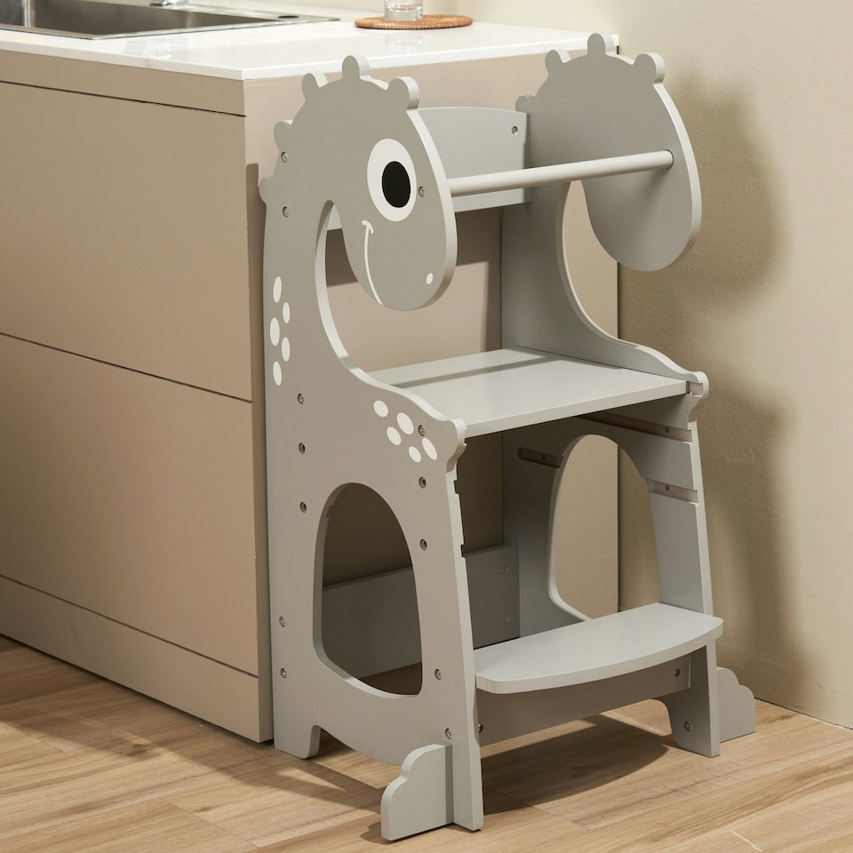 image 1 of Kidoz Toddler Learning Tower - Kitchen Helper with Safety Rail - Dinosaur Design - Grey