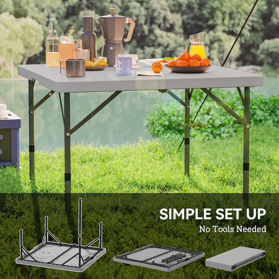image 1 of Outsunny 3ft Folding Camping Table, Heavy Duty Picnic Table with 2 Adjustable Height for Indoor Outdoor Garden, Party, BBQ, Dark Grey | Grey | Dark Grey | 86L x 86W x 74Hcm