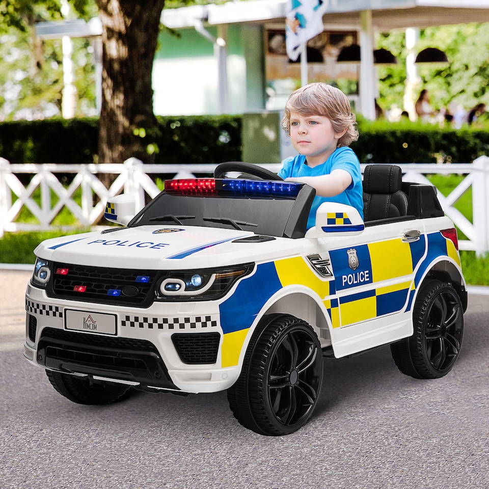 image 1 of HOMCOM 12V Electric Car for Kids, Ride on Police Car with 2 Motors, Remote Control, Siren Flashing Lights, Suspension, USB, Auxiliary Wheels, Pull handle, for 3-6 Years, White