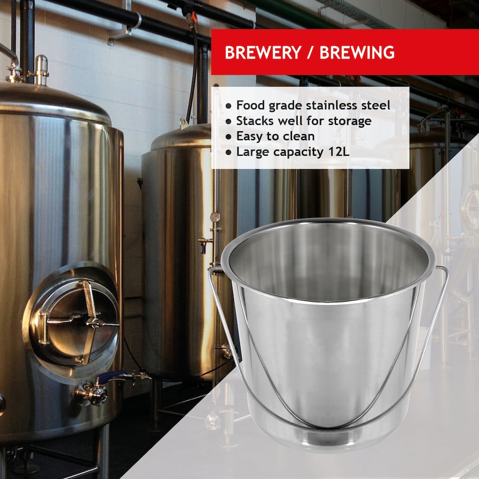 image 1 of SPARES2GO 12 Litre Bucket Large Heavy Duty Stainless Steel Pail Double Welded 12L + Handle