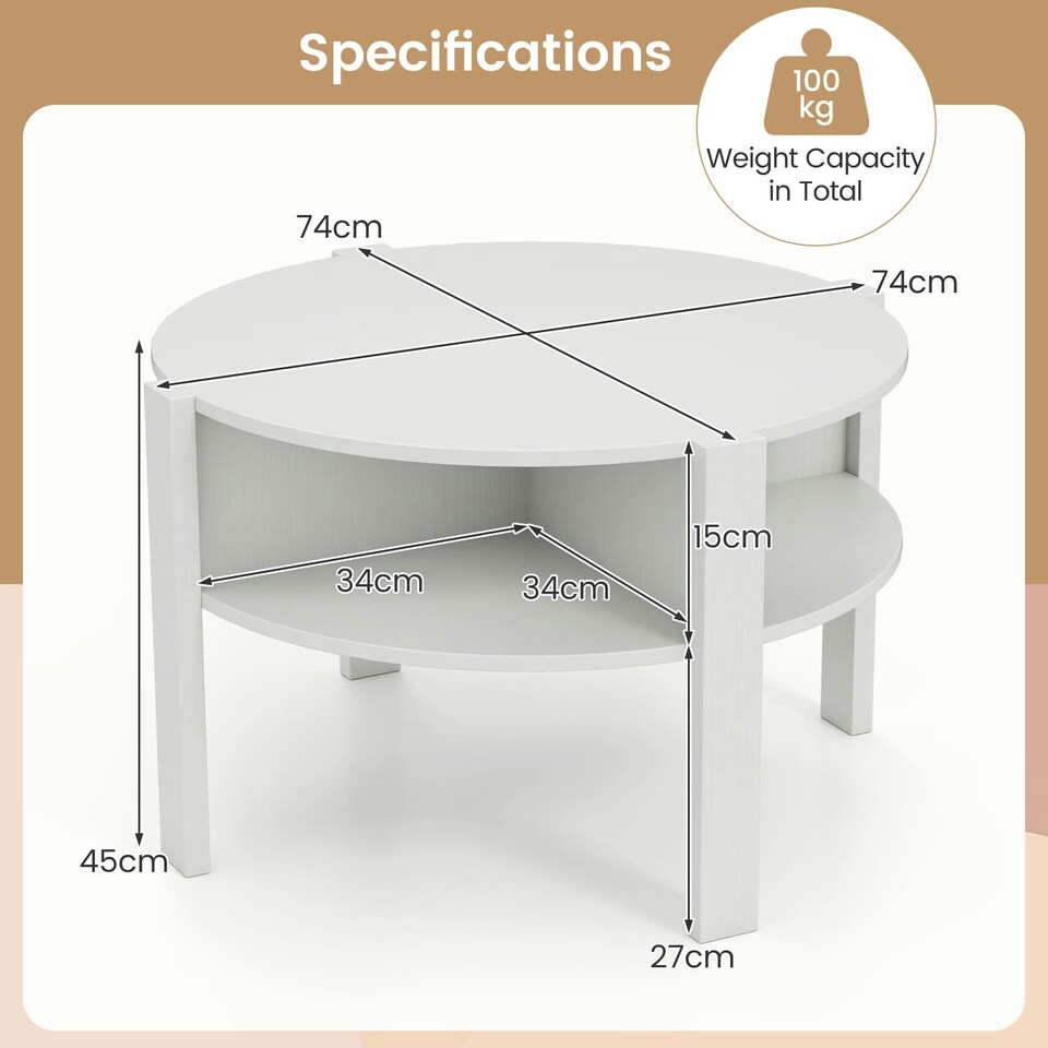 image 1 of COSTWAY 2-Tier Round Coffee Table Tea Cocktail Table White White