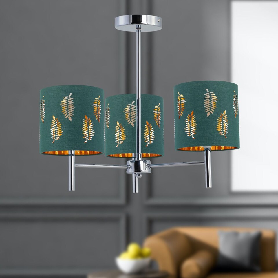 image 1 of Brea - Chrome 3 Light Fitting with Dark Green Fern Shades | Chrome | Green | 1