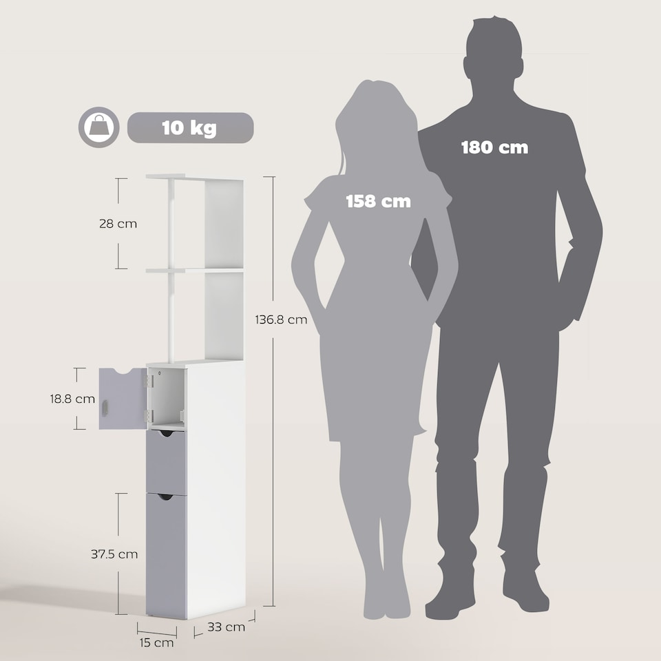 image 1 of HOMCOM Tall Bathroom Storage Cabinet with Shelf and Drawers, White, Grey
