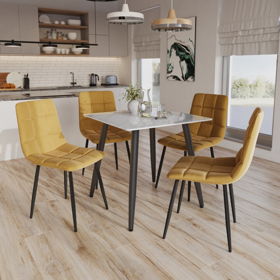 image 1 of 5-Piece Dining Set - 80cm Square Sintered Stone Table and 4 Velvet Chairs with Metal Legs | White | Gloss White & Yellow | 1