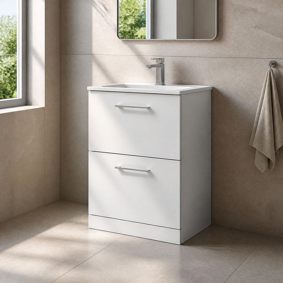 image 1 of Balterley Modern Bathroom 2 Soft Close Drawer & Minimalist Floor Standing Vanity Unit Basin | White | Gloss White | 818 x 600 x 390mm