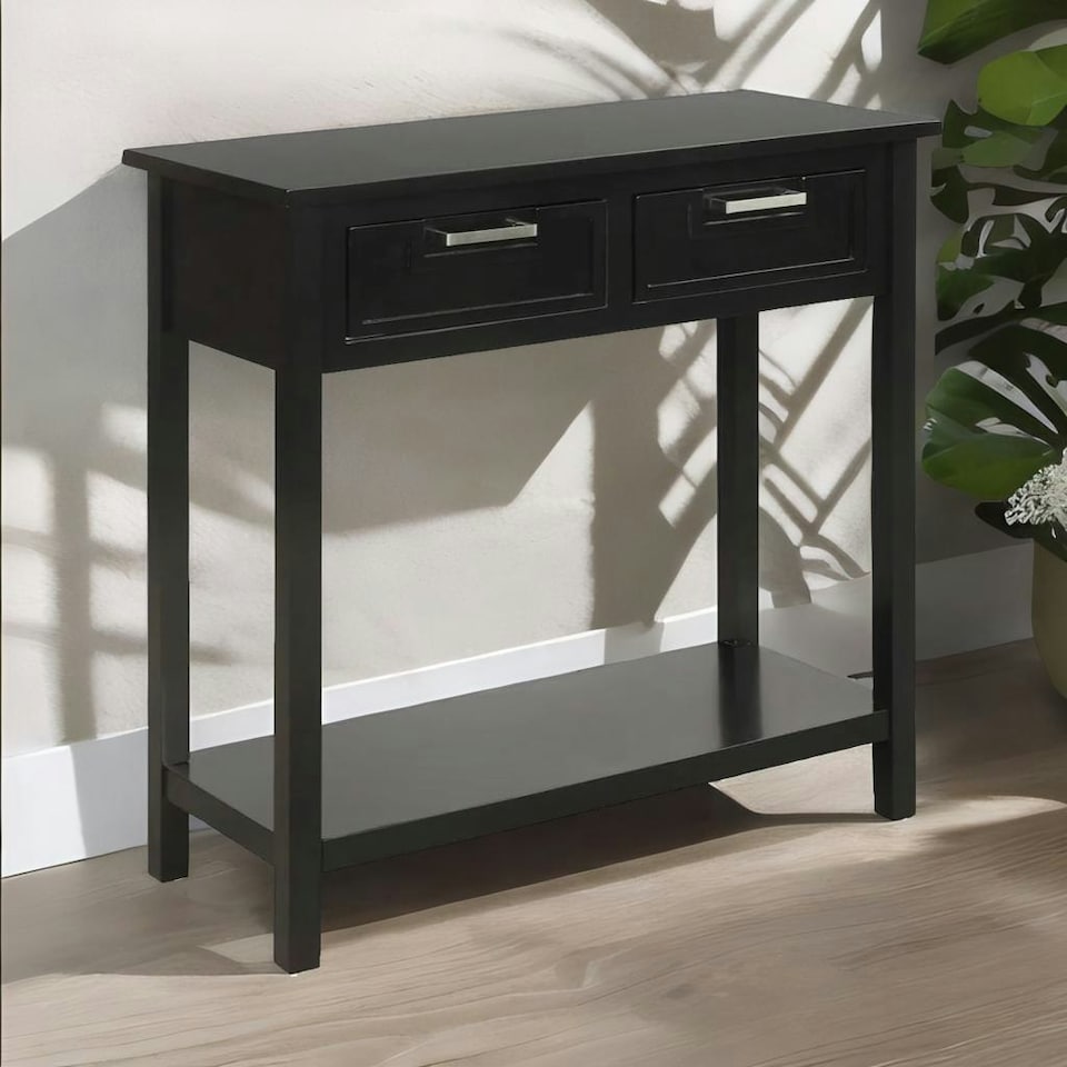 image 1 of Modern Wooden Console Table With 2 Drawers and Shelf Black Black