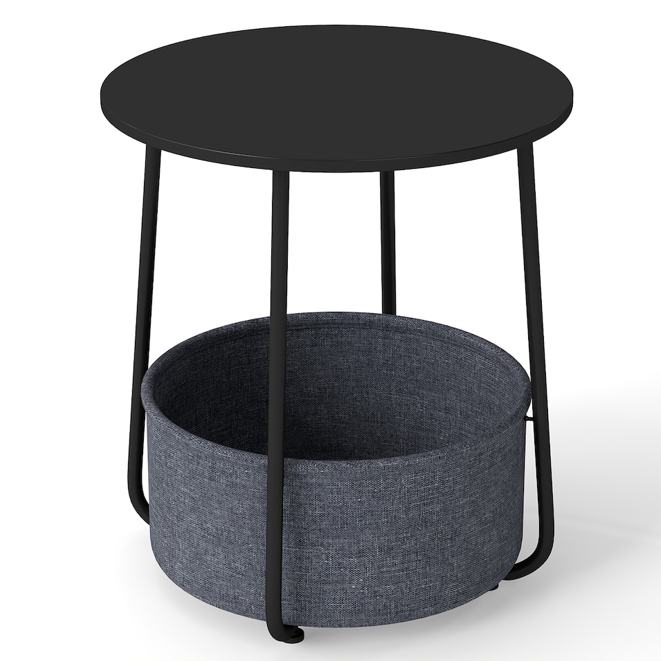 image 1 of COSTWAY Round Side Table 2 Tier End Table with Fabric Storage Basket Black
