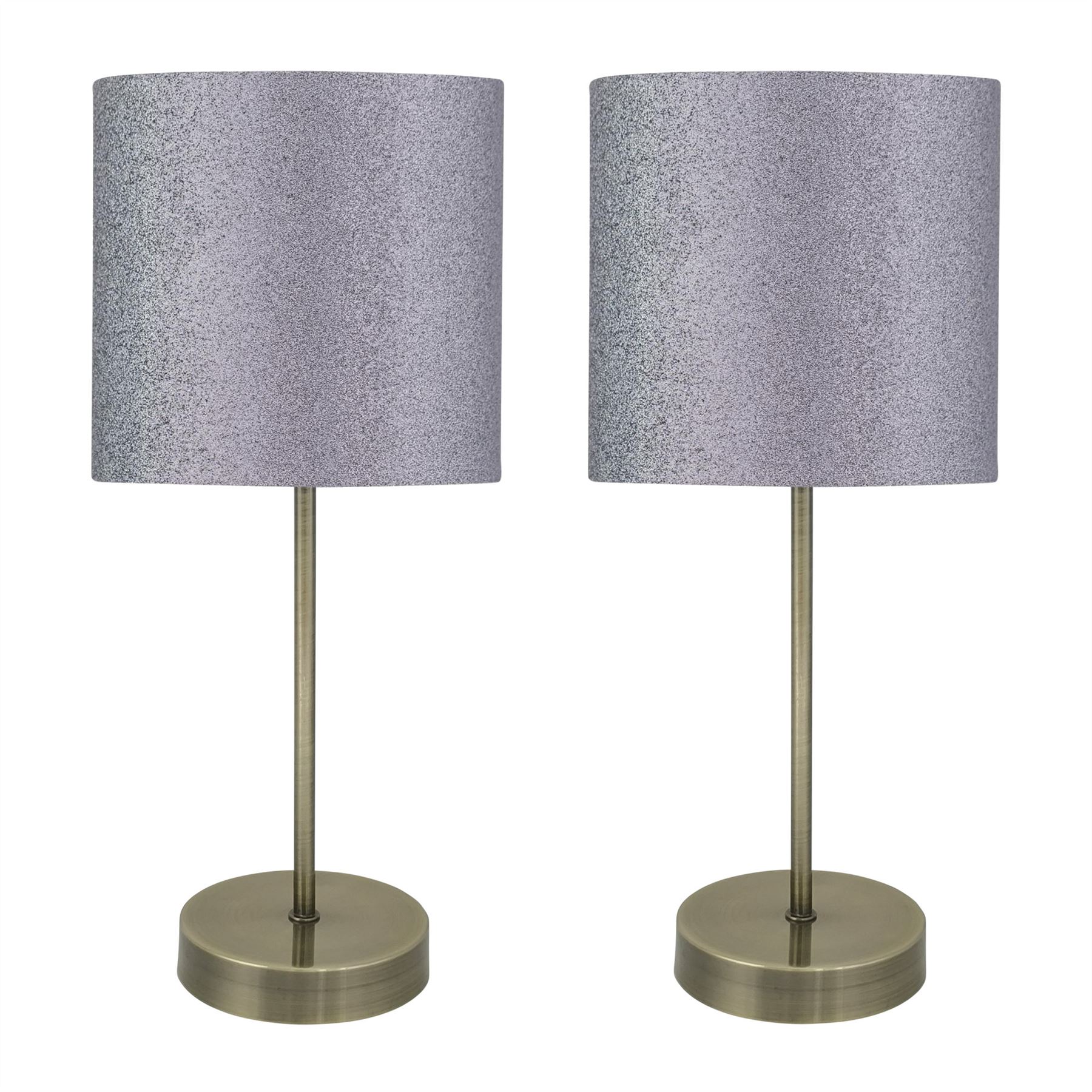 First Choice Lighting Set of 2 Antique Brass Stick Table Lamps with Grey Glitter Shades in Bronze