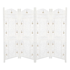 4 Panel Heavy Duty Carved Screen Wooden Bells Design Room Divider White 200 x 180 cm | White | White | 200 x 180 cm