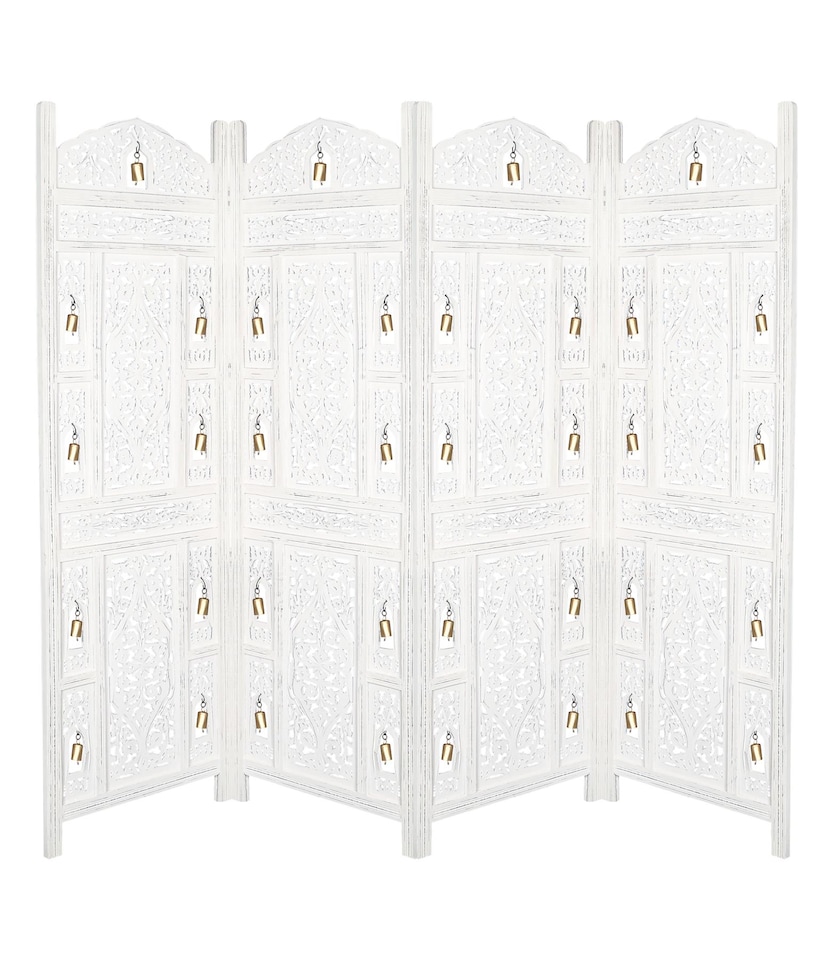image 1 of 4 Panel Heavy Duty Carved  Screen Wooden Bells Design Room Divider White 200 x 180 cm | White | White | 200 x 180 cm