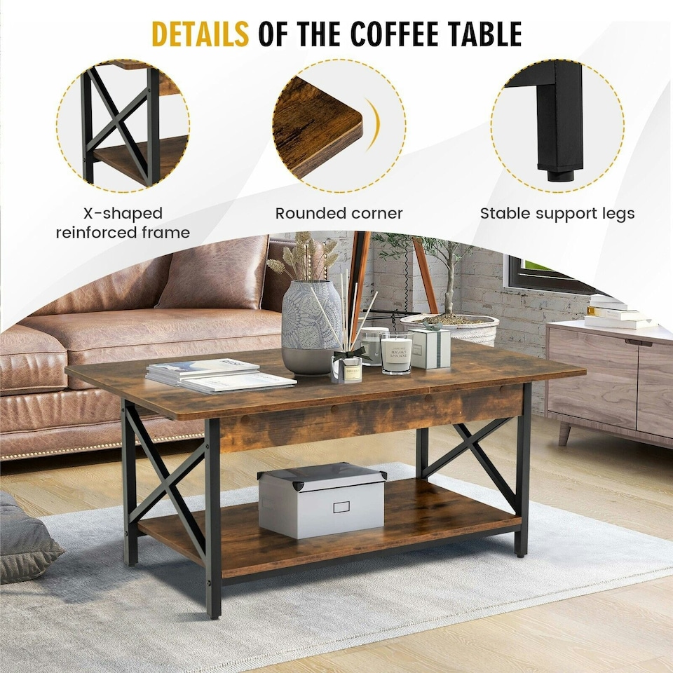 image 1 of COSTWAY 2-Tier Industrial Coffee Table with Storage Shelf | Brown
