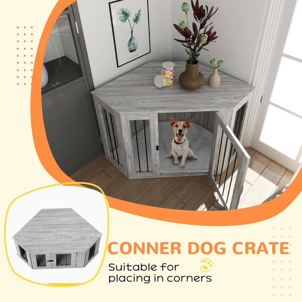 image 1 of PawHut Dog Crate Furniture for Large Dogs w/ Cushion, Door - Grey