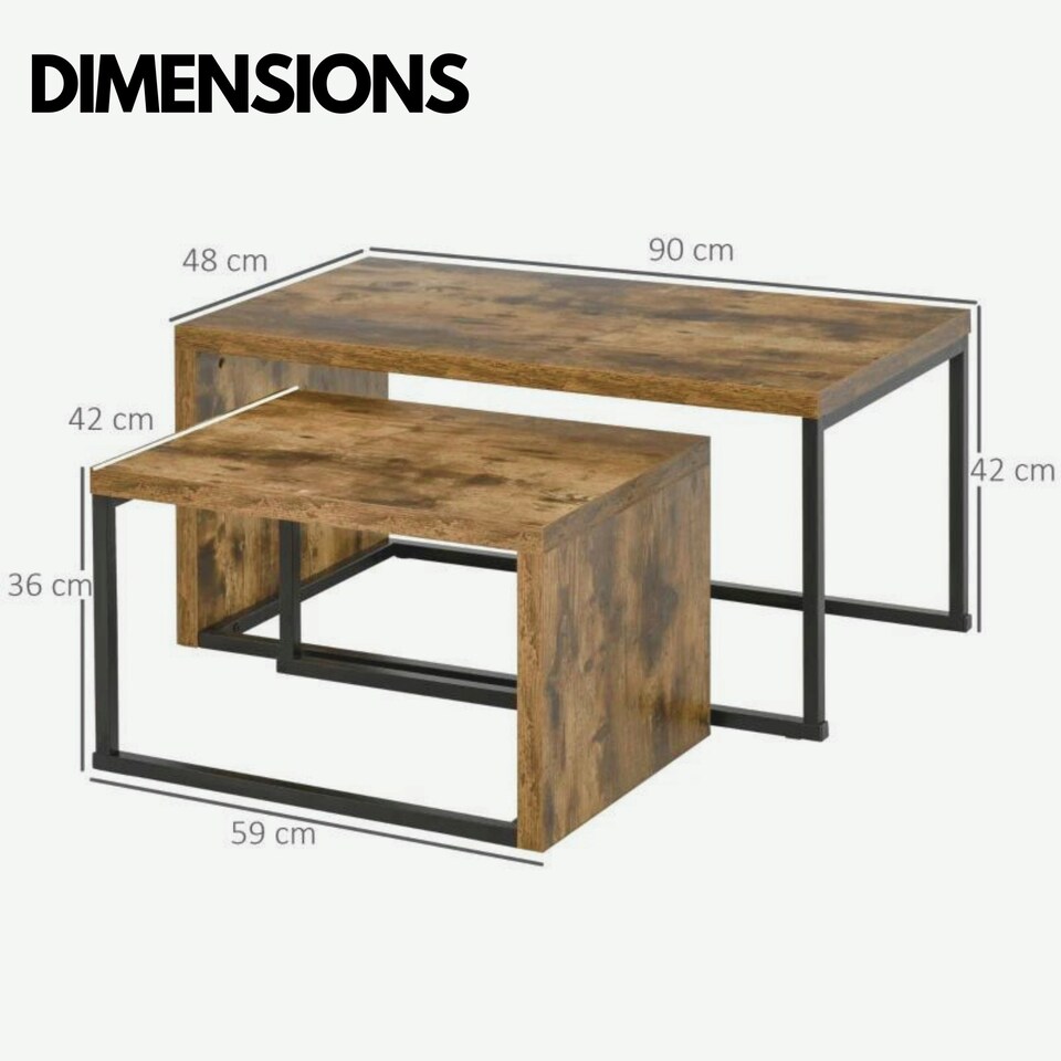 image 1 of Set Of 2 Nesting Tables Industrial Rustic Brown Brown