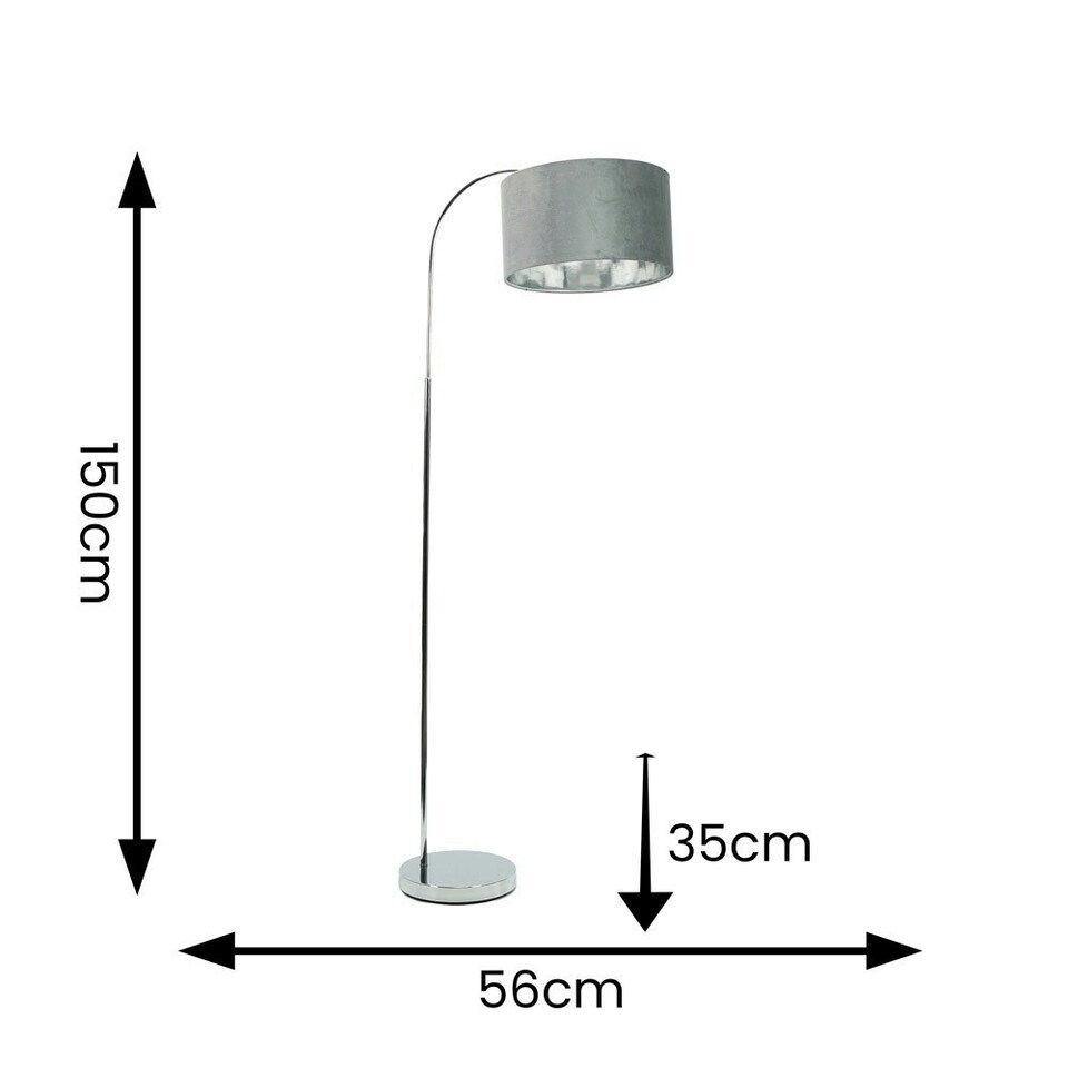 image 1 of ValueLights Curva Chrome Arched Floor Lamp with Grey Velvet and Chrome Inner Lamp Shade