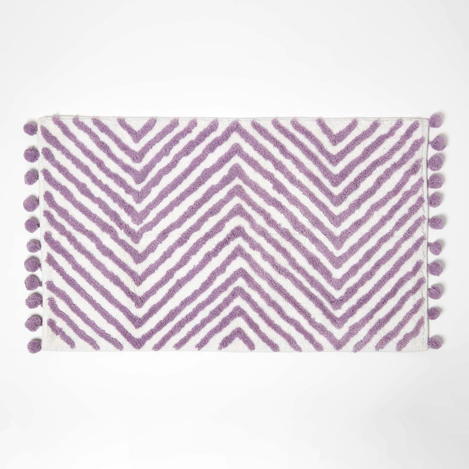 image 1 of Homescapes Lilac Cotton Bath Mat Tufted Zig Zag with Pom Pom Edges - 50 x 80 cm Purple