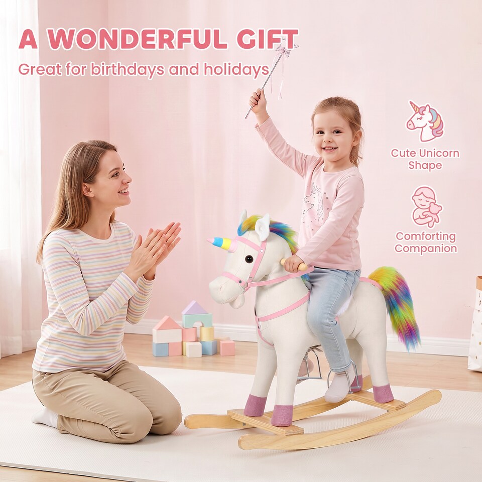 image 1 of AIYAPLAY Unicorn Rocking Horse with Sound for 1-3 Years, Cream White