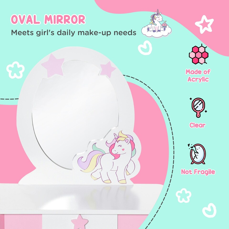 image 1 of HOMCOM Girls Dressing Table with Mirror, Stool, Pretend Play Toy Pink