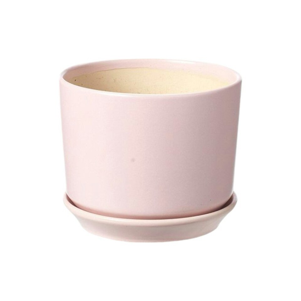 image 1 of Pink Ceramic Indoor Plant Pot With Attached Saucer - H10.5