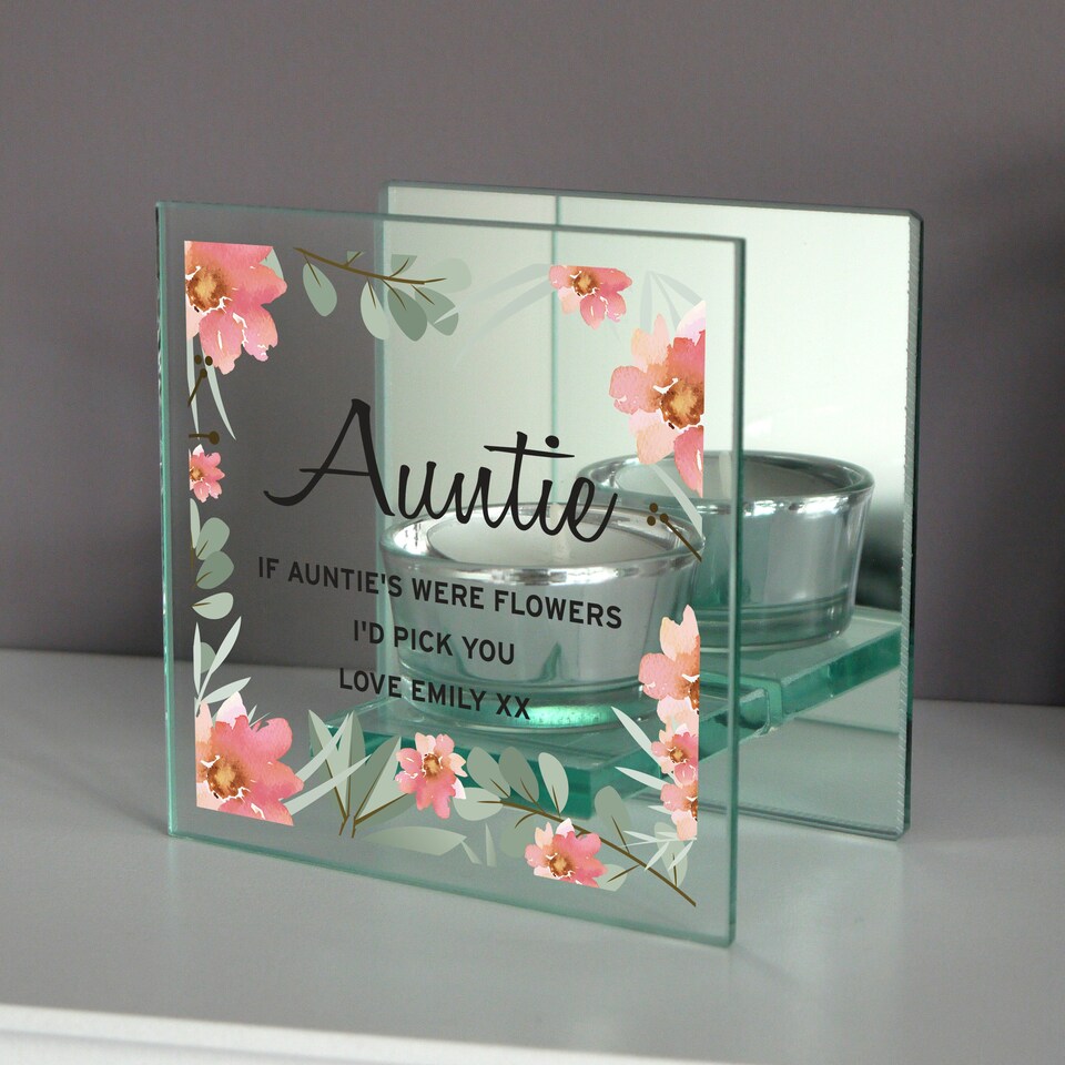 image 1 of Personalised Floral Sentimental Mirrored Glass Tea Light Candle Holder Clear