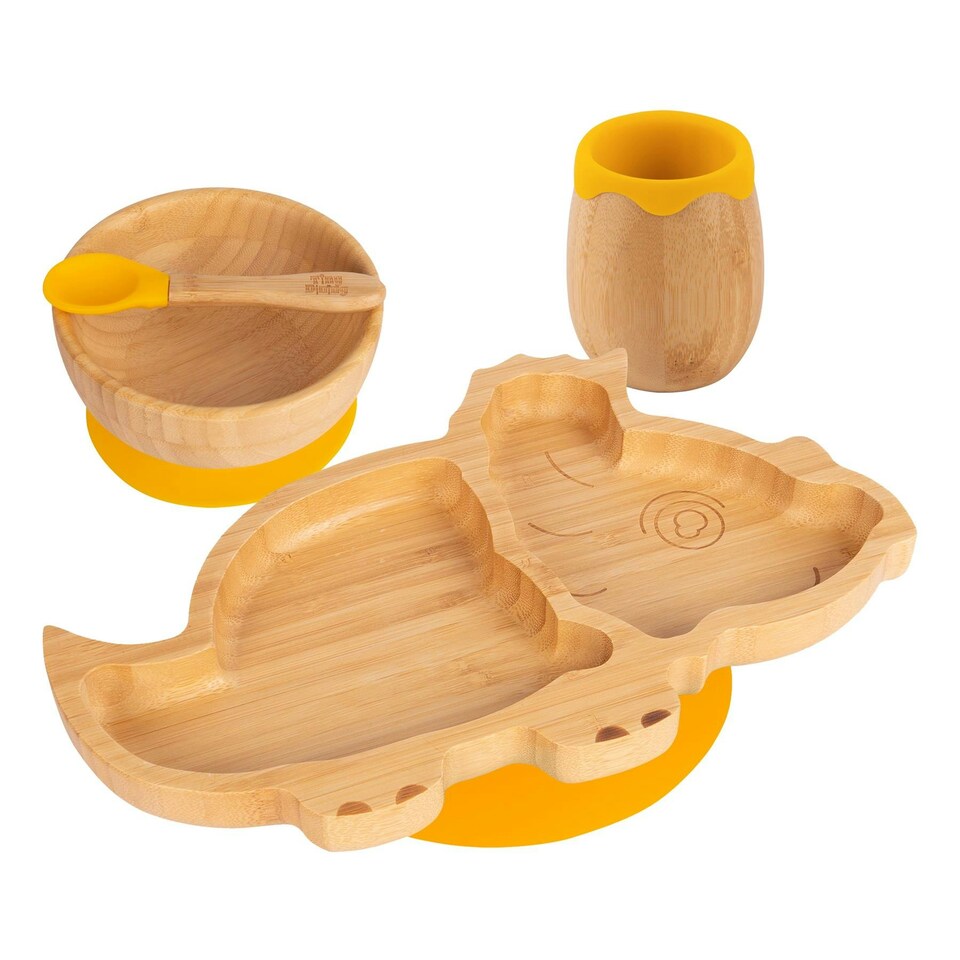 image 1 of Tiny Dining 4pc Dinosaur Bamboo Suction Baby Feeding Set - Yellow