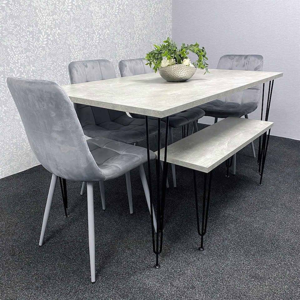 image 1 of Grey Dining Table with Hairpin Legs, Bench & 4 Grey Velvet Chairs Set for Kitchen & Dining Room Grey