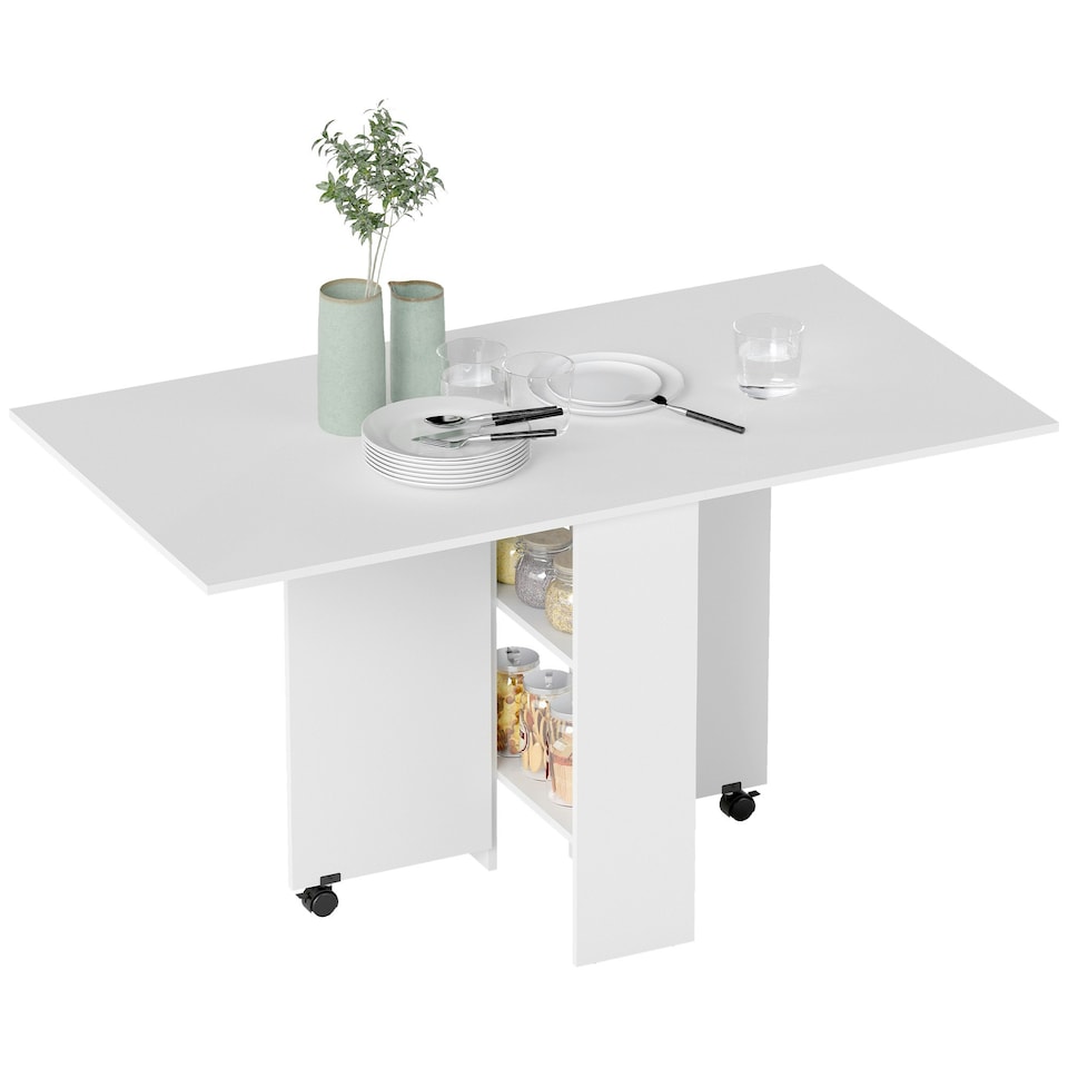 image 1 of HOMCOM Mobile Drop Leaf Dining Table Folding Desk w/ 2 Wheels White