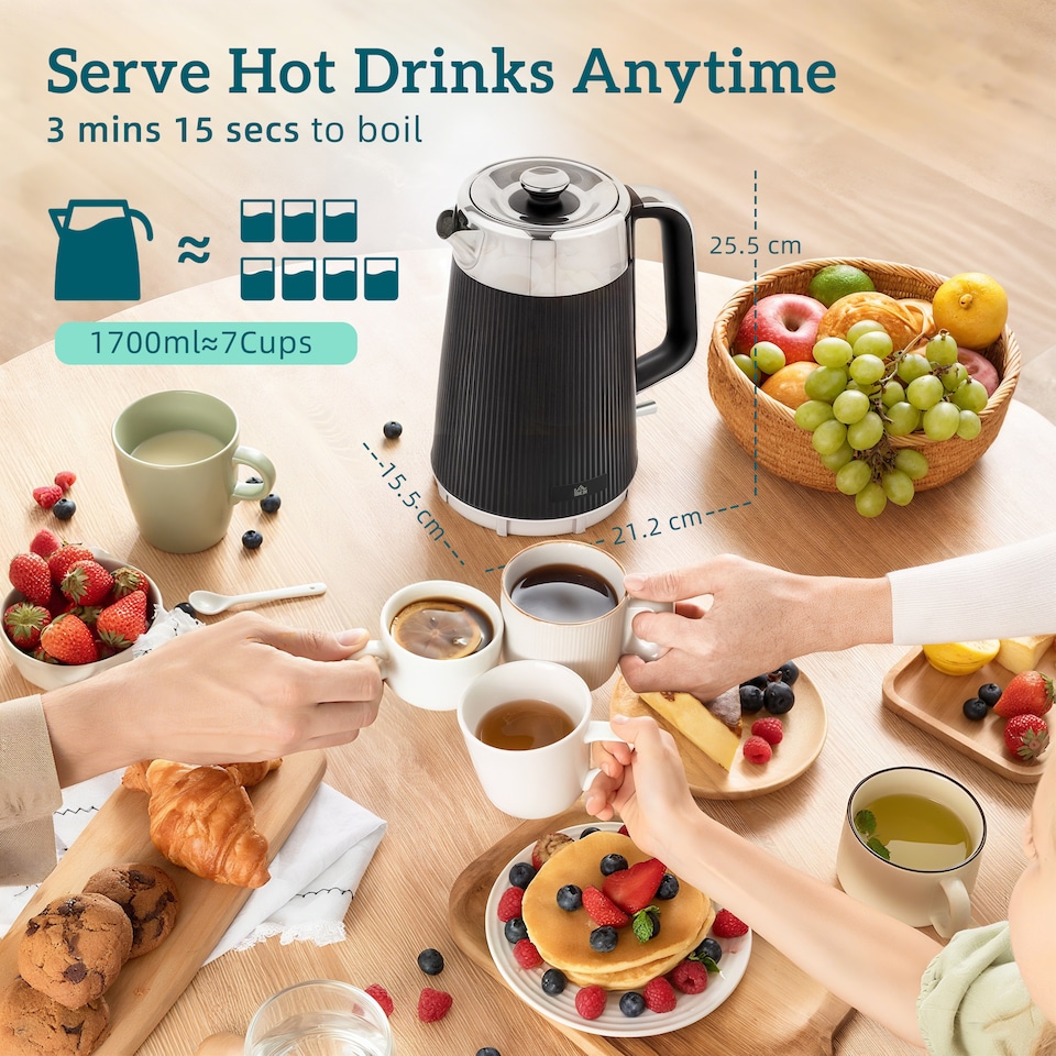 image 1 of HOMCOM Electric Stainless Steel Kettle and Toaster Set, 3000W 1.7L UK Strix Thermostat Fast Boil Kettle w Limescale Filter, Cool Touch Body, 4 Slice Toaster with 7 Browning Levels, Crumb Tray, Black