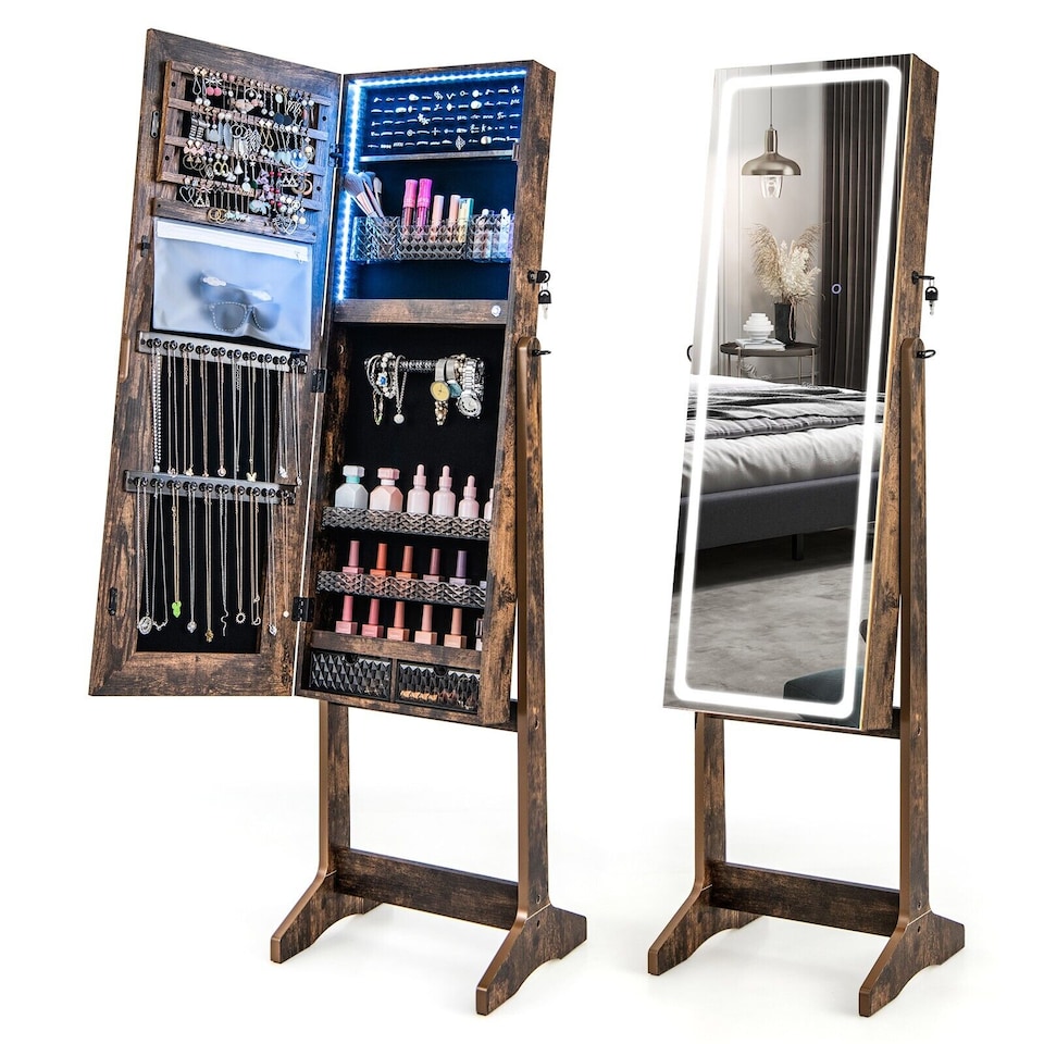 image 1 of COSTWAY Standing Jewelry Cabinet Jewelry Armoire w/ LED Lights Coffee