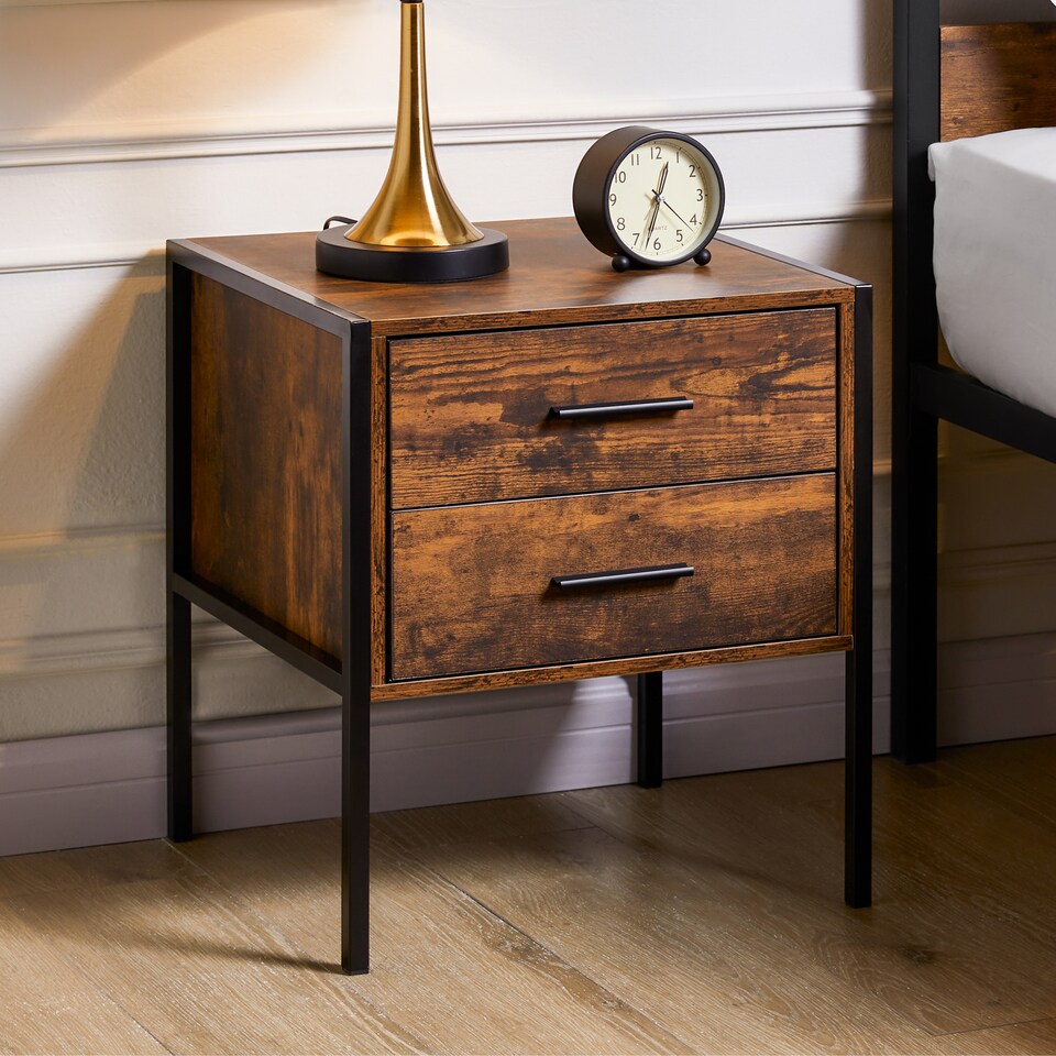 image 1 of Vida Designs Brooklyn 2 Drawer Bedside Cabinet Industrial Cabinet Table Nightstand, Dark Wood