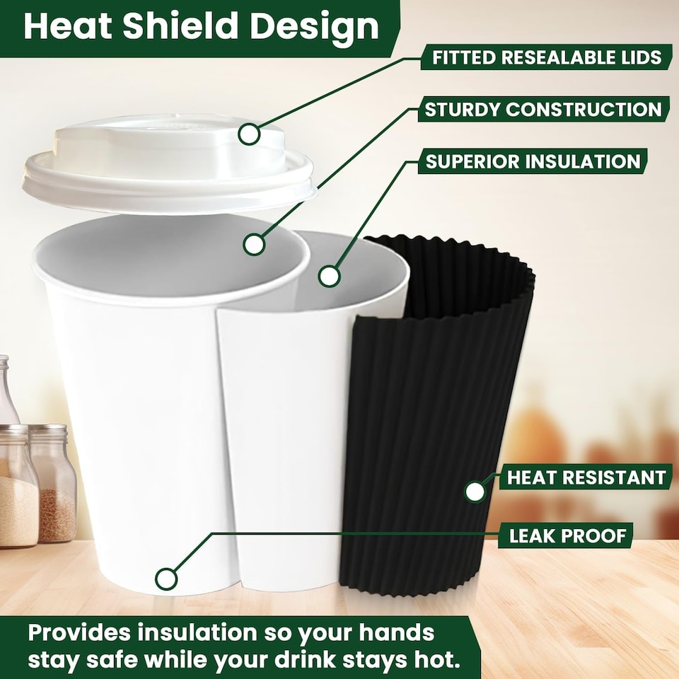image 1 of ECONX 8oz Black Disposable Coffee Cups With White Lid Ripple Wall Paper Cups 50pcs