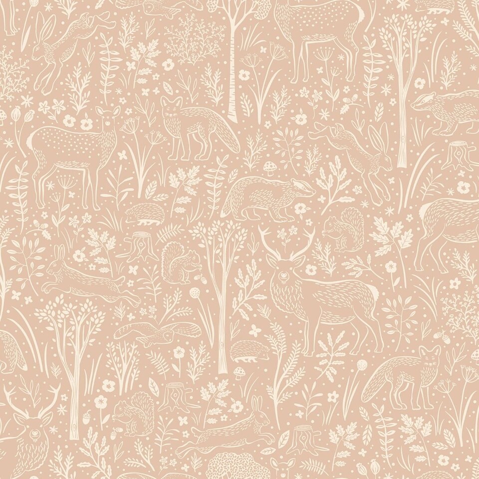image 1 of Grandeco Woodland Animals Vinyl Textured Wallpaper | Pink | Blush Pink | 1