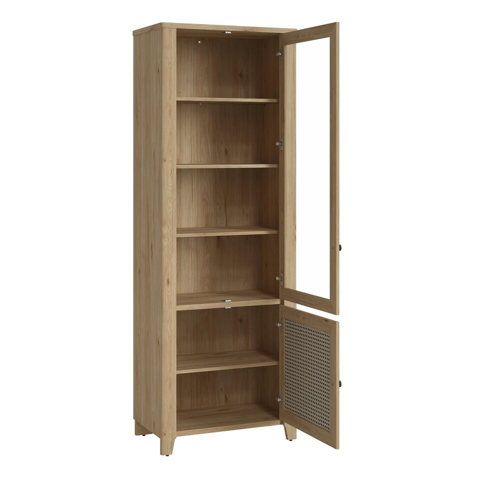 image 1 of Cestino 2 Door Display Cabinet in Jackson Hickory Oak and Rattan Effect
