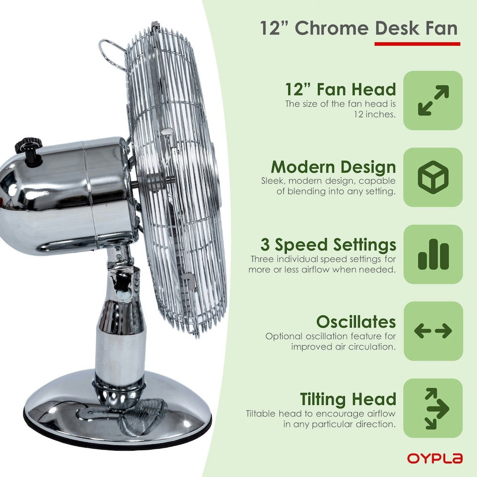 image 1 of Oypla Electrical 12" Inch Chrome Metal 3 Speed Desk Fan Oscillating