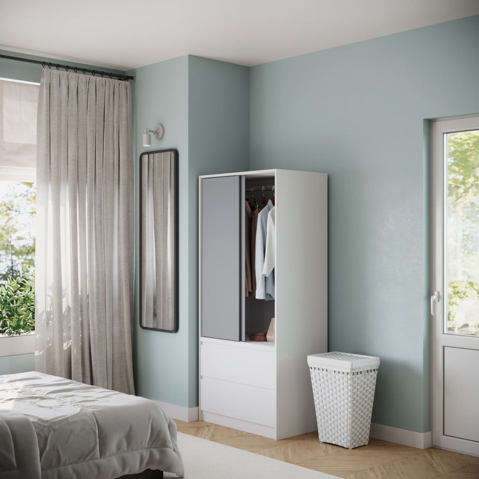 image 1 of URBNLIVING 2 Sliding Door Wardrobe With 2 Drawers And Hanging Rail | White | Grey Doors | 1