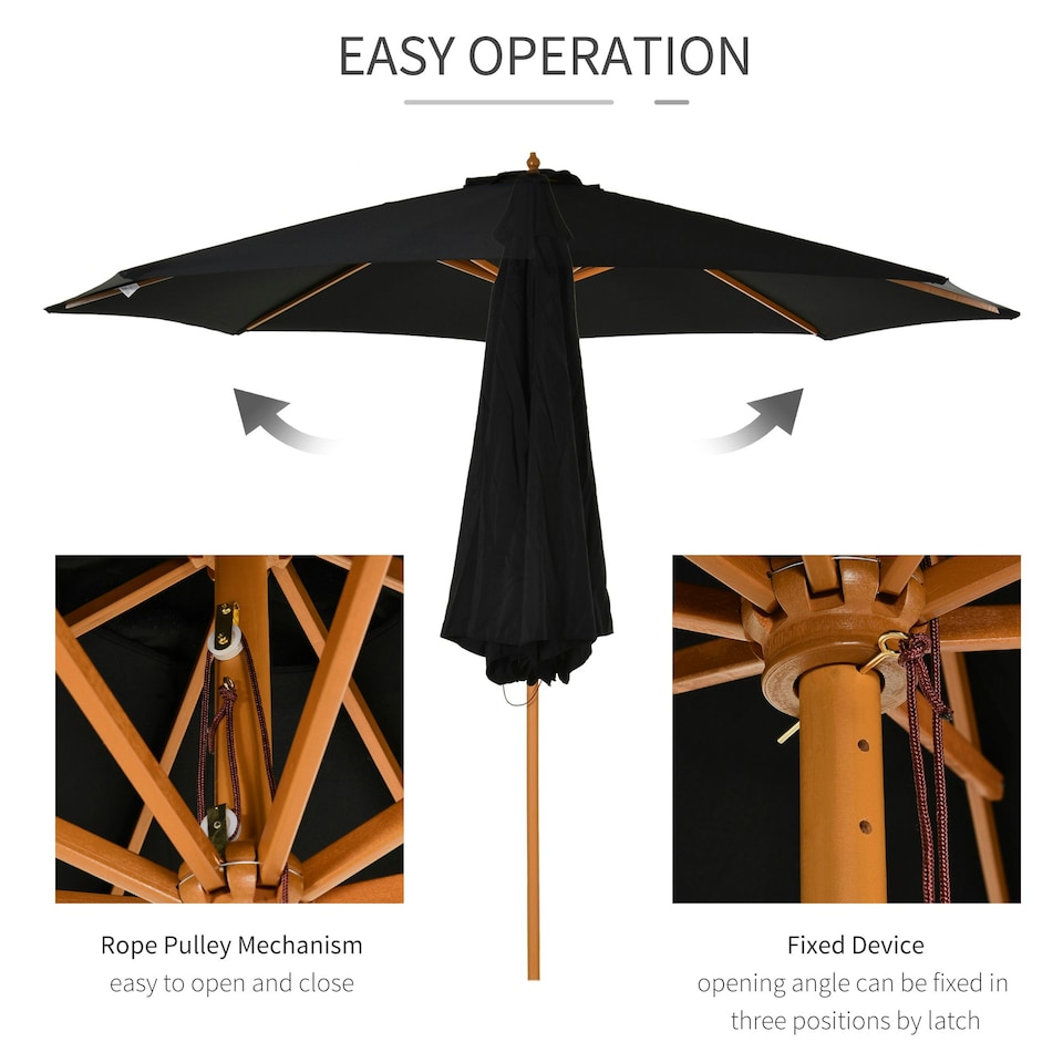 image 1 of Outsunny 3(m) Wooden Garden Parasol Sun Shade Outdoor Umbrella Black