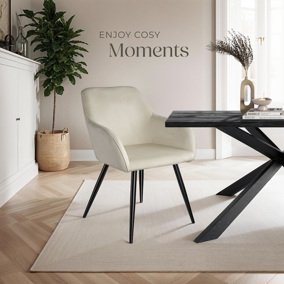 image 1 of Dining Chair Marilyn - with armrests, padded, velvet look, black steel legs | Cream | cream/black | 1