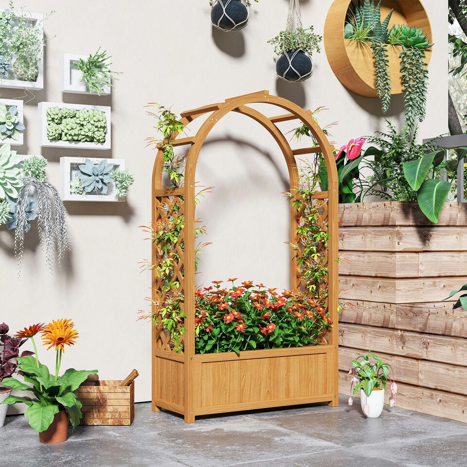 image 1 of Outsunny Wooden Raised Garden Bed, Trellis Planter w/ Trellis, Fabric Liner