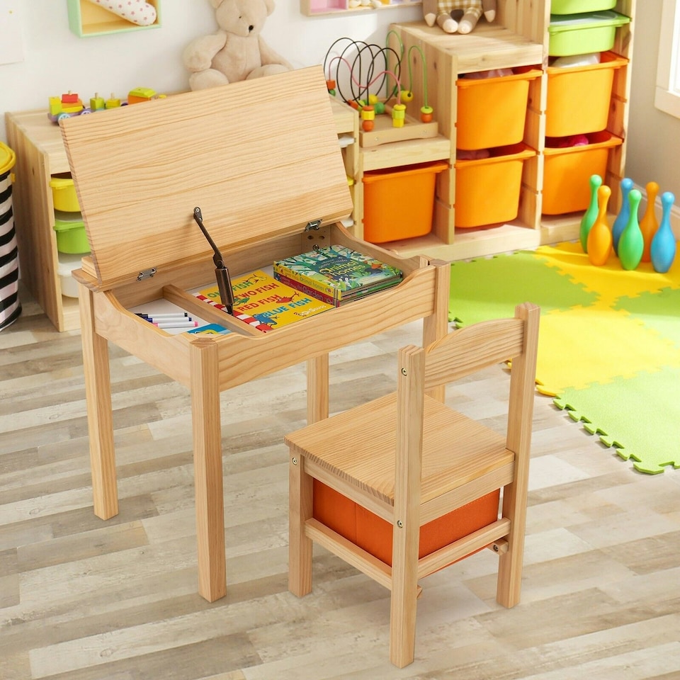 image 1 of COSTWAY Kids Table and Chair Activity Table Set Natural | Multi