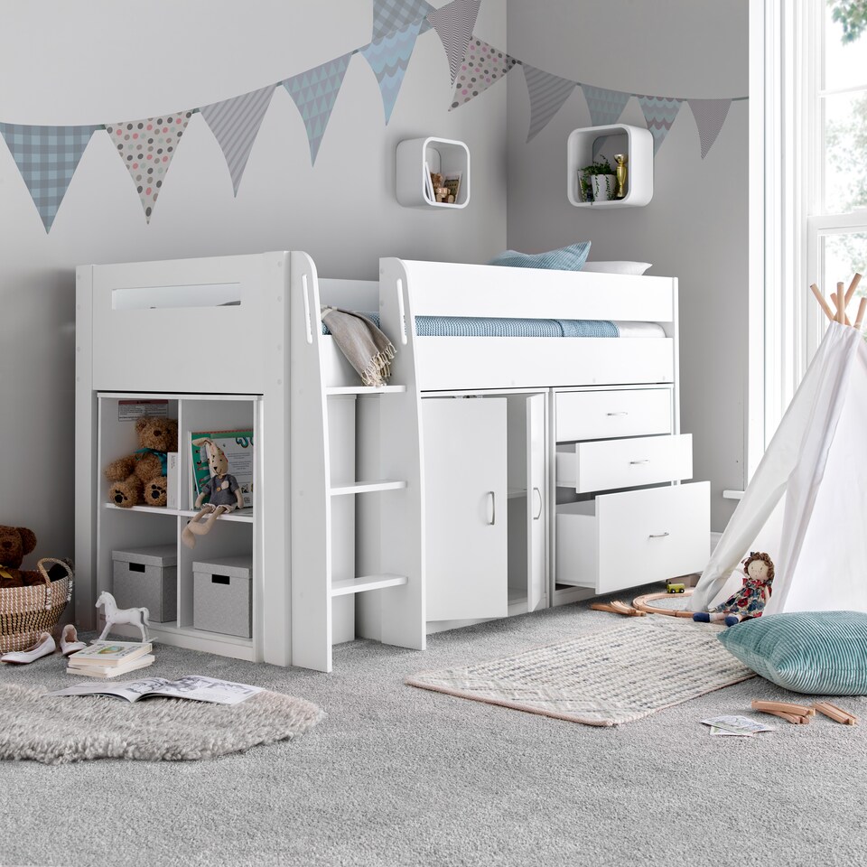 image 1 of Lacy White Storage Mid Sleeper And Noah Memory Foam Mattresses