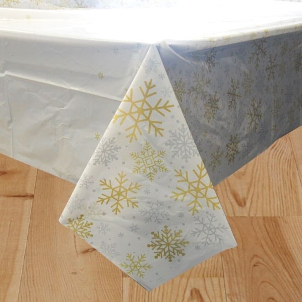 Silver And Gold Snowflakes Christmas Plastic Tablecover 213cm x 137cm
