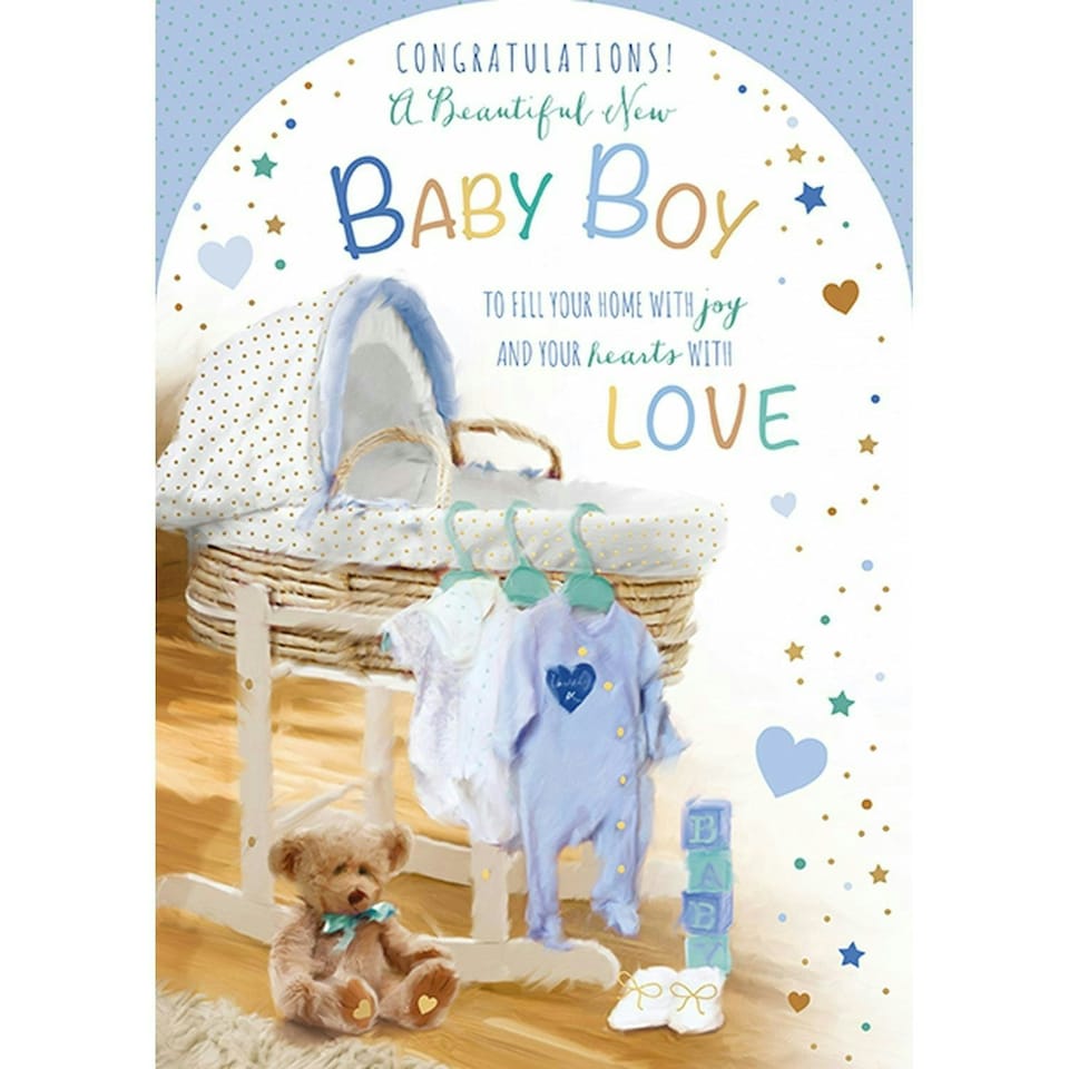 Words 'n' Wishes Traditional Beautiful New Baby Boy Birth Card, Pale Blue, UK Made