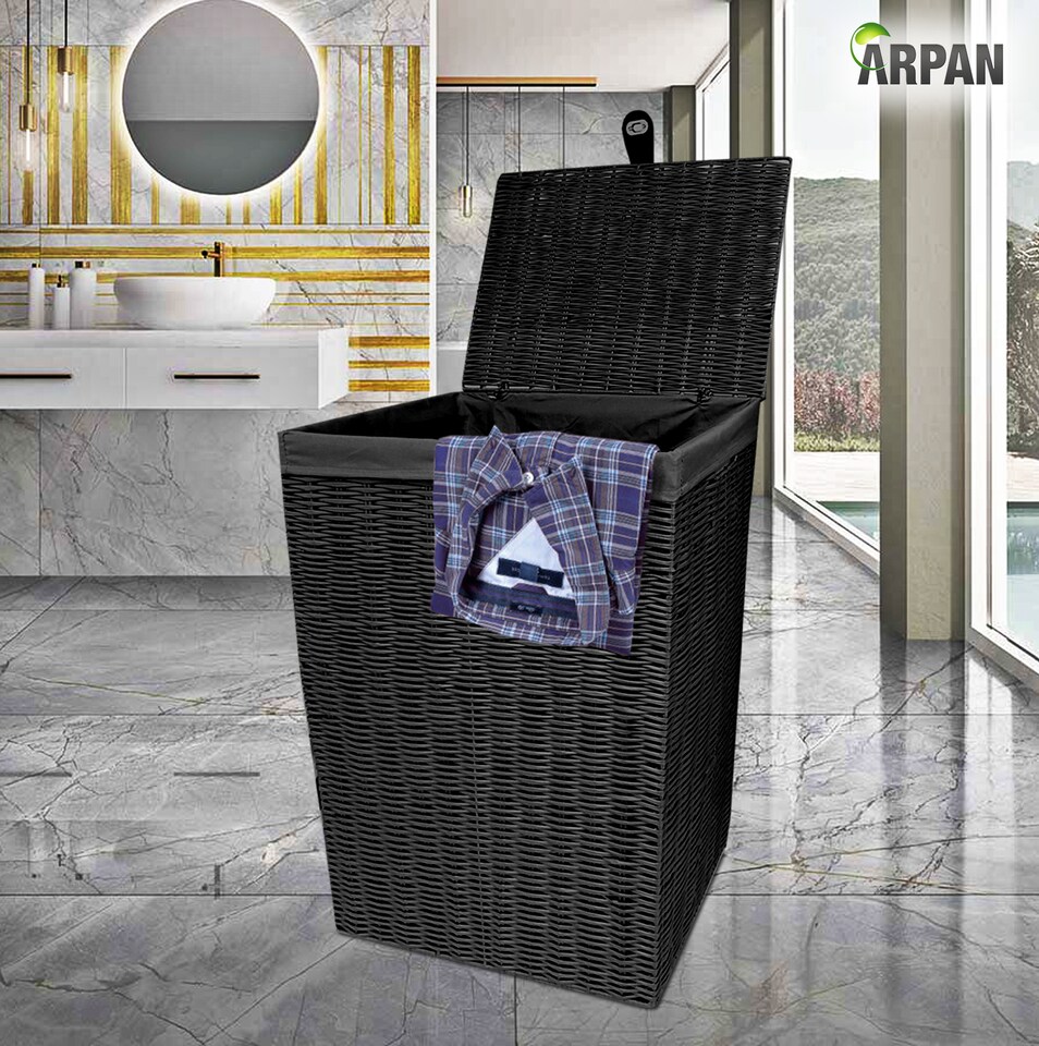 image 1 of Black Resin Laundry Clothes Basket with Lid, Lock & Removable Washable Lining – Wicker Effect Laundry Storage Hamper for Bedroom, Bathroom & Utility Room