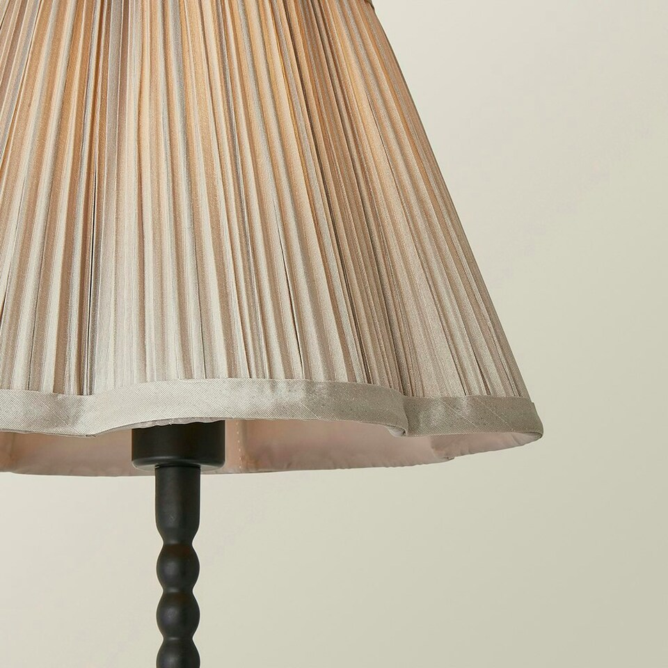image 1 of ValueLights Maeve Light Grey Pleated Faux Silk Scallop Shade Black Bobbin Bobble Table Lamp Black