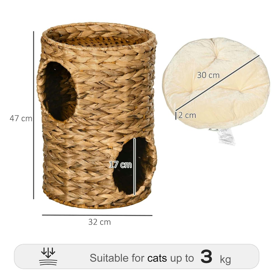 image 1 of PawHut 47cm Cat Barrel Tree for Indoor Cats w/ Two Cat Houses, Cushion