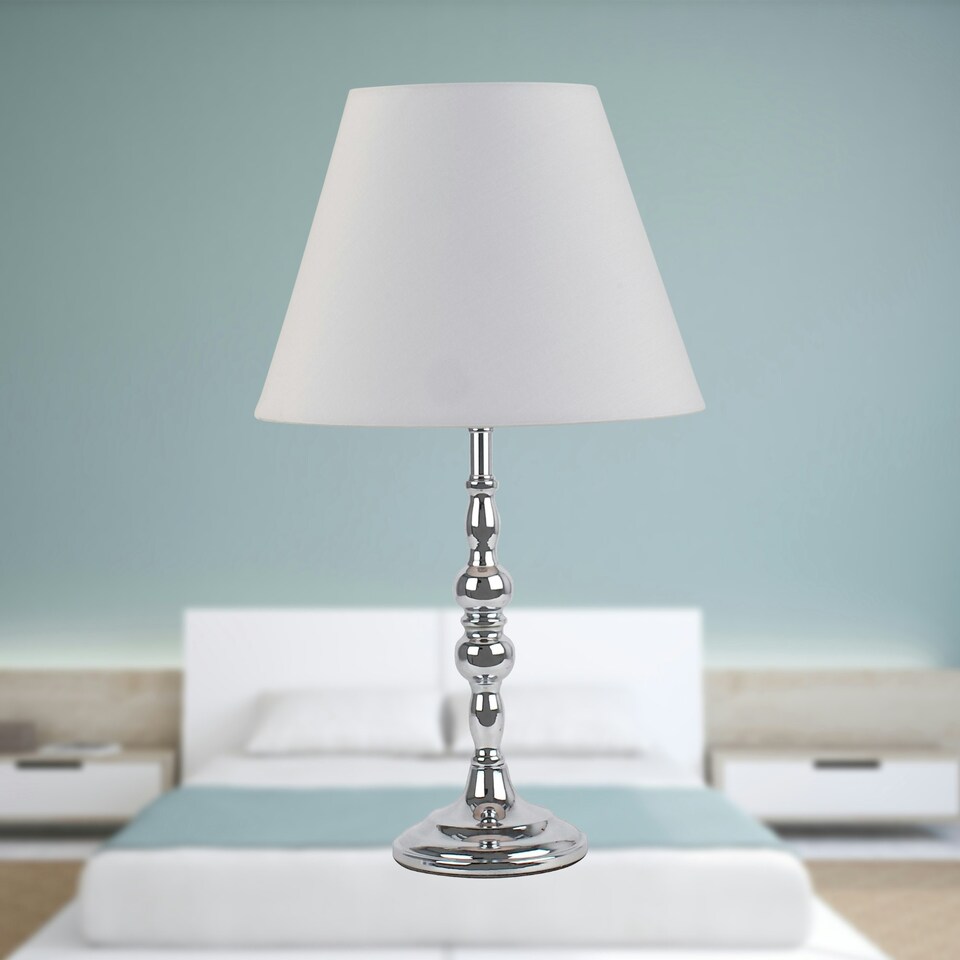 image 1 of Set of 2 Chrome Table Lamps with Decorative Stem and Ivory Shades Chrome | White